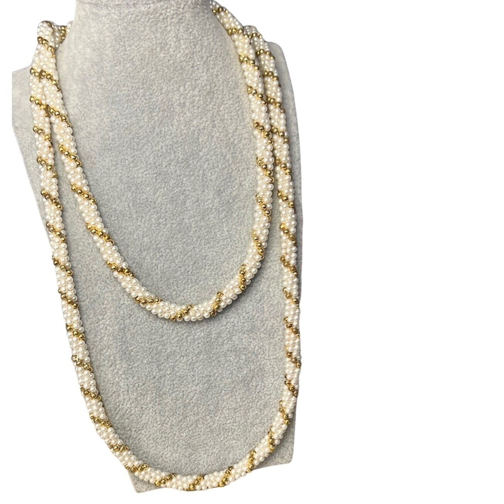 Long Pearl And Gold Colored Beads Twisted 52 Inch Necklace Retro R2k